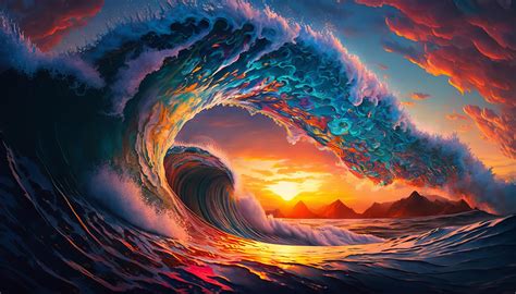 Colorful Ocean Wave Sea Water In Crest Shape Sunset Light And