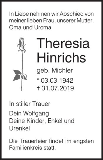 Traueranzeigen Von Theresia Hinrichs Trauer Nordkurier