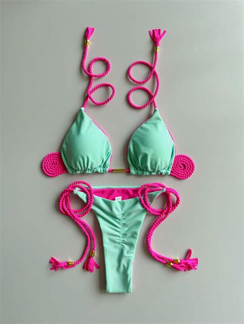 Bikini Trenzado Hecho A Mano Conjunto De Traje De Ba O Sexy De Dos