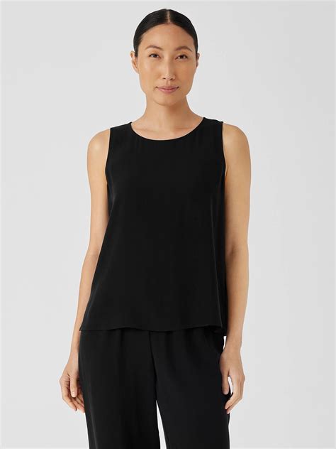 Eileen Fisher Silk Georgette Crepe Jewel Neck Tank In Black Lyst