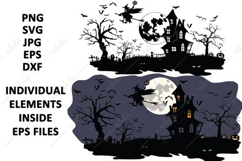 Halloween Silhouette Haunted House Graveyard Witch Cut File