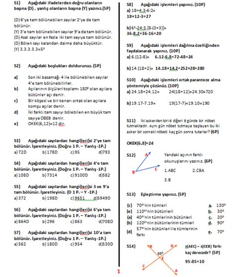 6 Sınıf Matematik 1 Dönem 1 Yazılı Soru Ve Cevapları Sorubak Blog