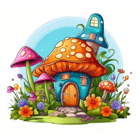 An Illustration Of Mushrooms And Trees With Red Leaves Stock