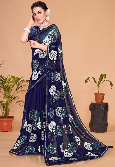 Buy Embroidered Georgette Saree In Navy Blue Online Scba4342 Utsav Fashion