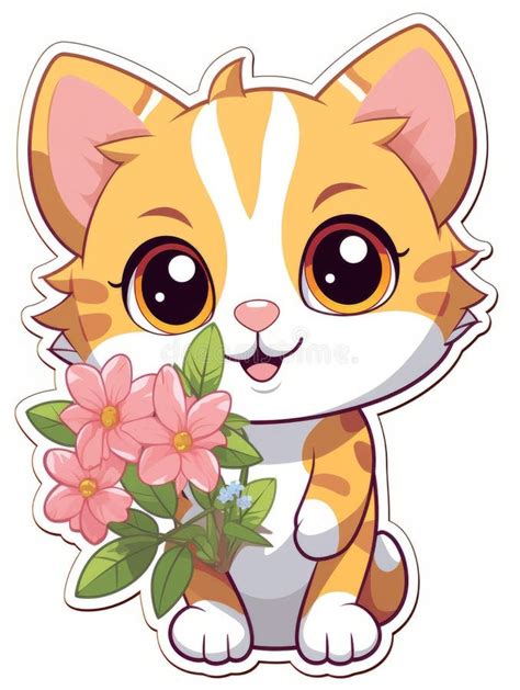 Cartoon Sticker Cute Kitten With Flowers Ai Stock Image Image Of