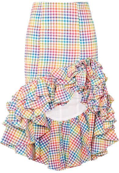 Caroline Constas Ruffled Asymmetric Checked Seersucker Skirt Yellow