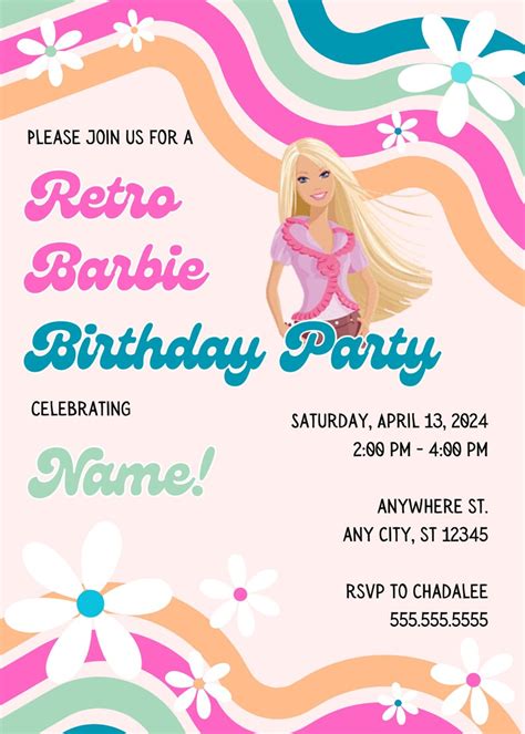 Editable Retro Barbie Birthday Party Invitations Etsy