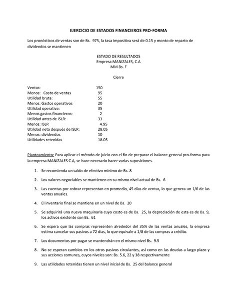 Guia De Ejercicios Estados Financieros Pro Forma Ejercicio De Estados