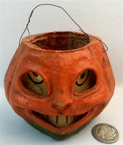 Lot Vintage 1930 S Halloween Paper Mache Jack O Lantern W Insert