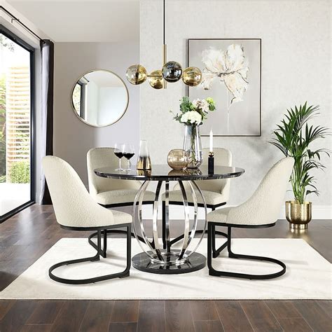 Savoy Round Dining Table Riva Chairs Black Marble Effect Chrome