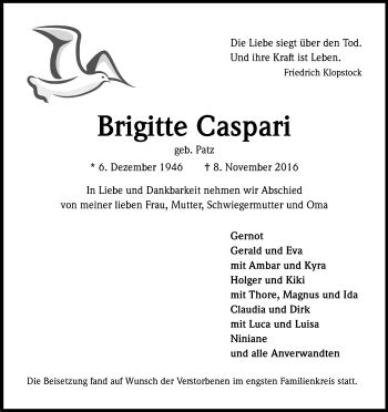 Traueranzeigen Von Brigitte Caspari Wirtrauern