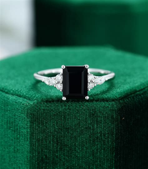 Emerald Cut Black Onyx Engagement Ring Vintage Diamond Cluster Etsy