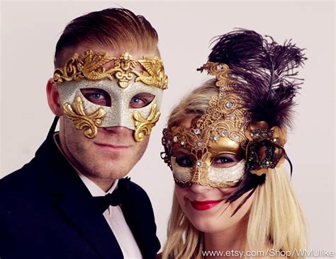 Couple Masquerade Ball Mask Pair Venetian Off White Gold