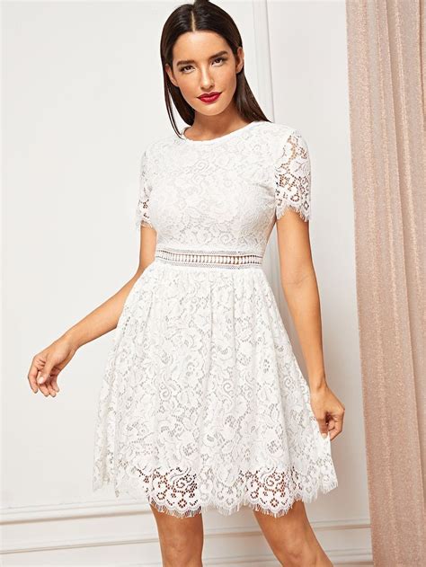 Robe Unicolore En Dentelle Shein White Short Sleeve Dress Flare Dress Dresses