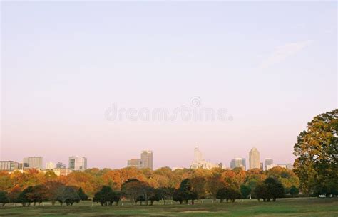 View Of Downtown Raleigh Skyline From Dix Park With Fall Foliage Stock