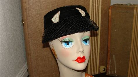 Antique To Vintage 1930 S To 1950 S Ladies Black Velvet Short Brim Hat Netting Cream Sequins