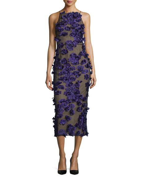 Jason Wu Halter Neck Cocktail Midi Dress W Floral Appliques Black Iris