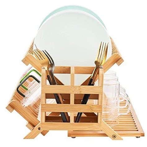 Bamboo Dish Drying Rack Tier Collapsible Dish Rack With Utensil