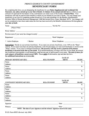 Fillable Online Princegeorgescountymd Beneficiary Forms Prince George