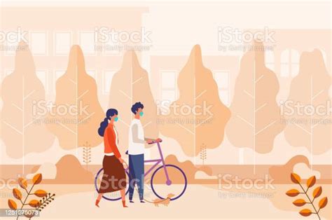 Landscape With Masked Couple Dating Walking At Autumn City Park Men And