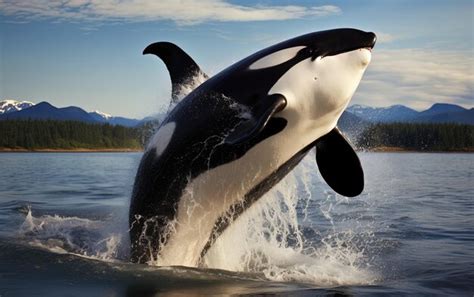 Premium Photo | A killer whale is swimming in a lake with mountains in ...