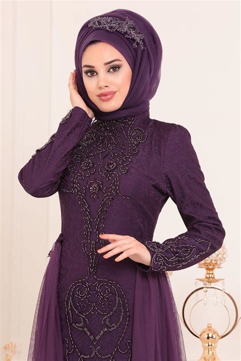 Violet Tesettürlü Abiye Elbise Robes de Soirée 3642MOR