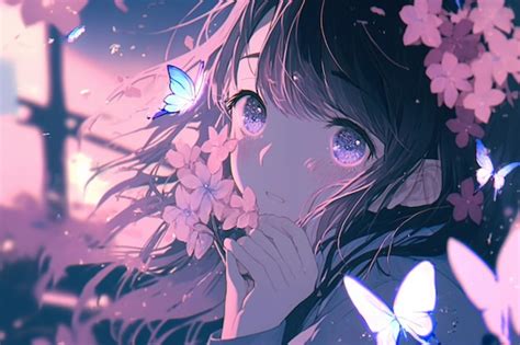 Premium Photo | Anime girl with butterfly hair and blue eyes looking at ...