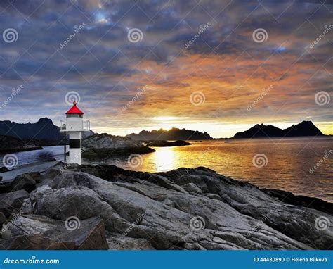 Lighthouse Sunrise Coastline, Lofoten Stock Photo - Image of nordland ...