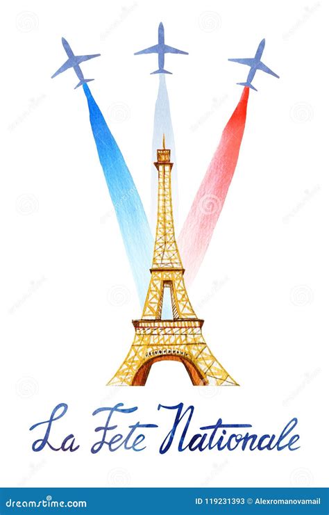 Bastille Day. La Fete Nationale. Text `French National Day`. Hand Drawn Watercolor Illustration ...