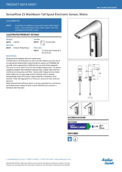 Sensorflow 21 Deck Mounted Mains Powered Tap A4171AA NBS Source