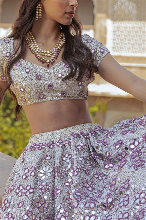 Buy Ivory Mirror And Zari Embellished Lehenga Set By Abhinav Mishra At