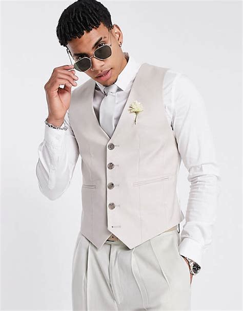 Asos Design Wedding Super Skinny Suit Waistcoat In Stone Linen Mix Asos