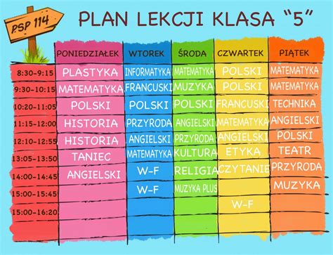 Plan lekcji klasa 5 2015 2016 Prywatna Szkoła Podstawowa 114