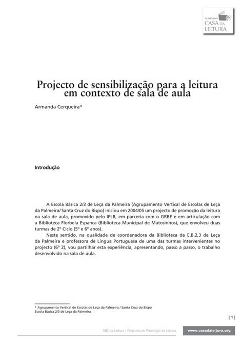 Pdf Projecto De Sensibiliza O Para A Leitura Em Contexto De