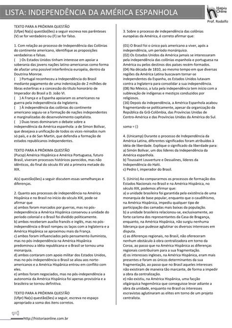 Pdf Lista Independ Ncia Da Am Rica Espanhola Hist Ria Online Pdf