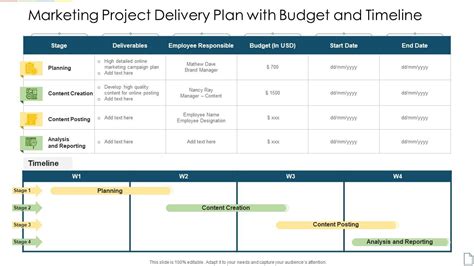 Marketing Project Delivery Plan With Budget And Timeline Presentation