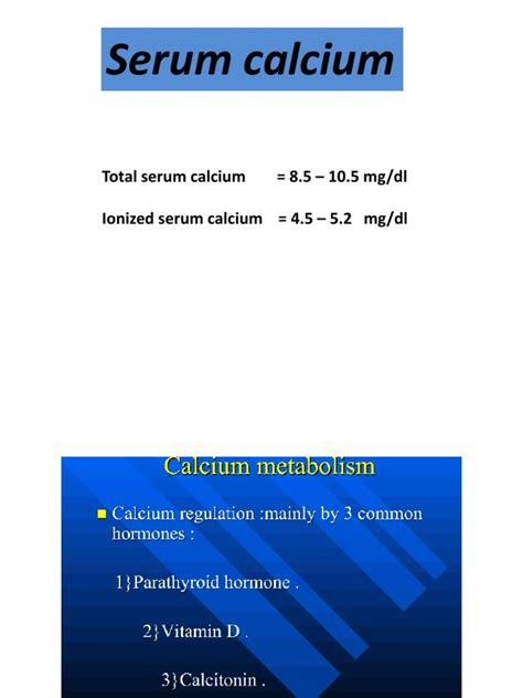 Serum Calcium Total Serum Calcium 85 105 Mgdl Ionized Serum Calcium 45 52 Mgdl Pdf