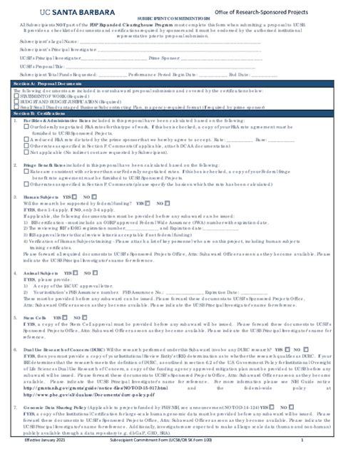 Fillable Online Subrecipient Commitment Form Office Of Research Fax