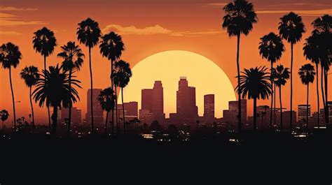 Premium Ai Image Gorgeous Sunset Over La Skyline With Palm Trees Upfront