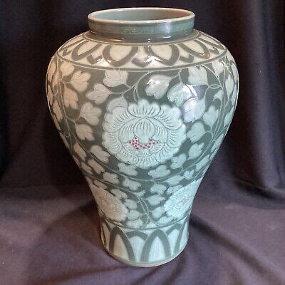 Large Tall Vintage Chinese Celadon Glazed Porcelain Vase With