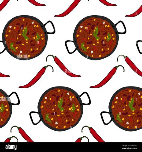 Endless Pattern Of Chili Con Carne And Red Hot Chili Pepper Traditional Mexican Spicy Food