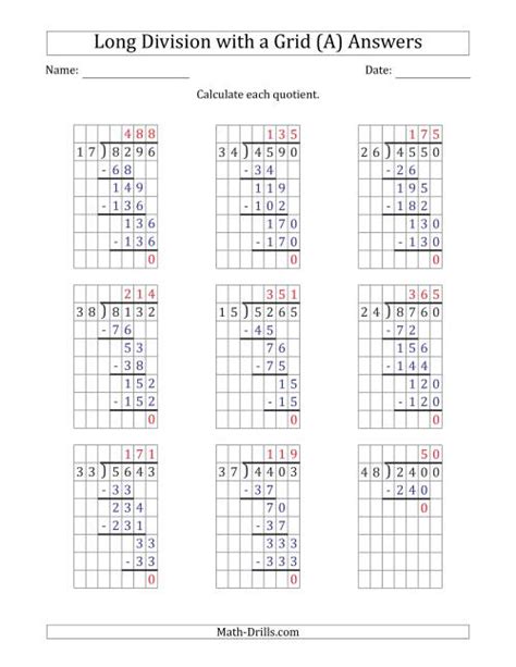 4 Digit By 2 Digit Long Division With Grid Assistance And No Remainders A