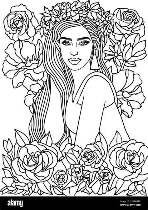 Cute Flower Girl Coloring Page For Adults Stock Vector Image And Art Alamy