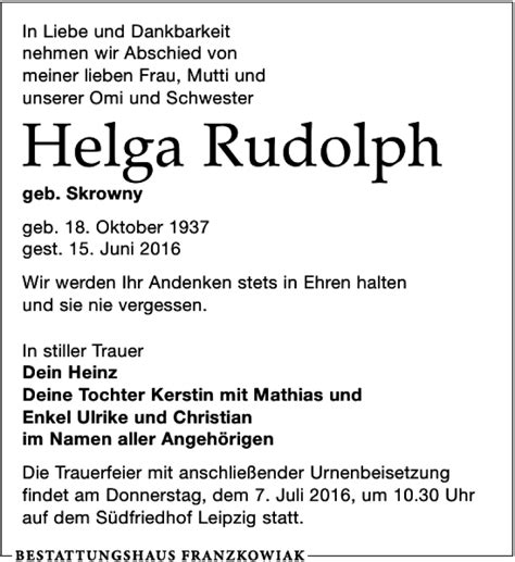 Traueranzeigen Von Helga Rudolph Trauer Anzeigen De