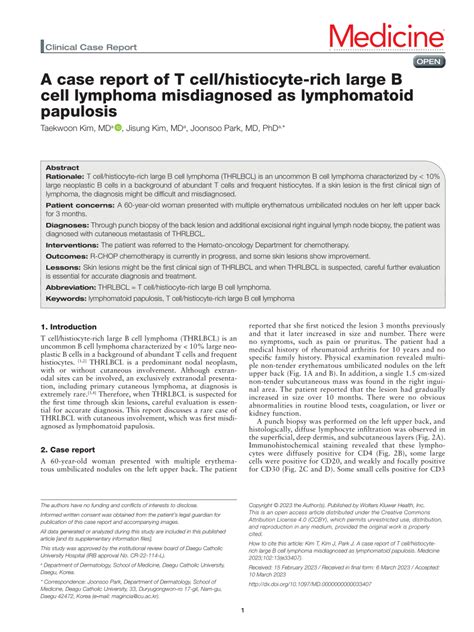 Pdf A Case Report Of T Cell Histiocyte Rich Large B Cell Lymphoma Misdiagnosed As Lymphomatoid