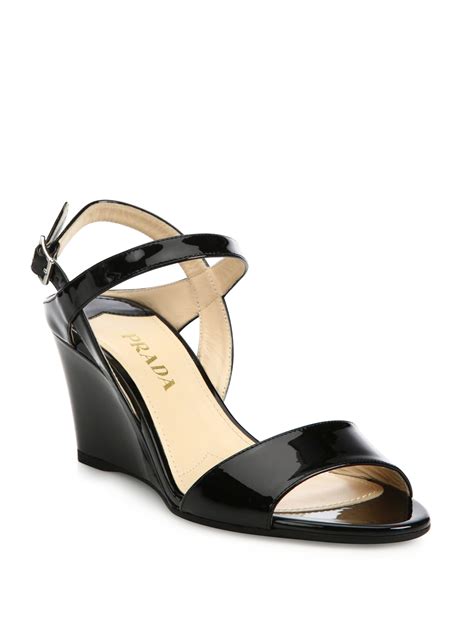 Prada Patent Leather Ankle Strap Wedge Sandals In Black Lyst