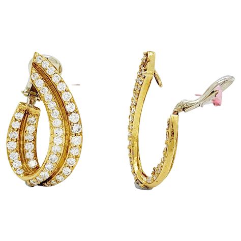 Estate White Diamond Semi Hoop Earrings In 18k Yellow Gold For Sale At