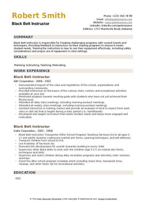 Black Belt Instructor Resume Samples Qwikresume