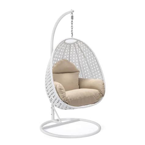 Leisuremod White Wicker Indoor Outdoor Hanging Egg Swing Chair For