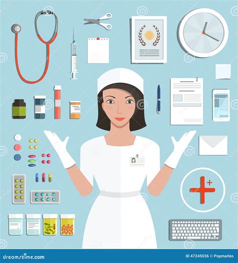 Nurse Showing Medical Tools And Medicament Stock Vector - Illustration ...